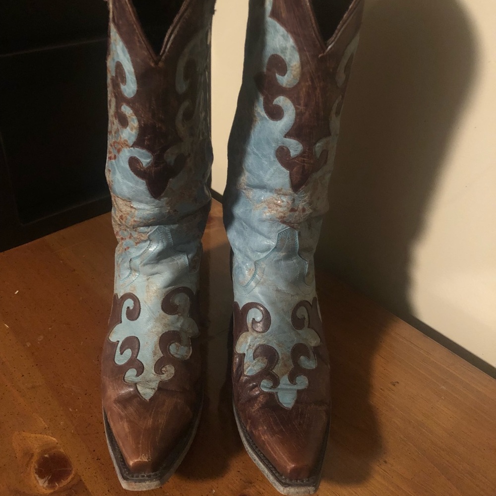Lane brown and turquoise distressed cowboy boots